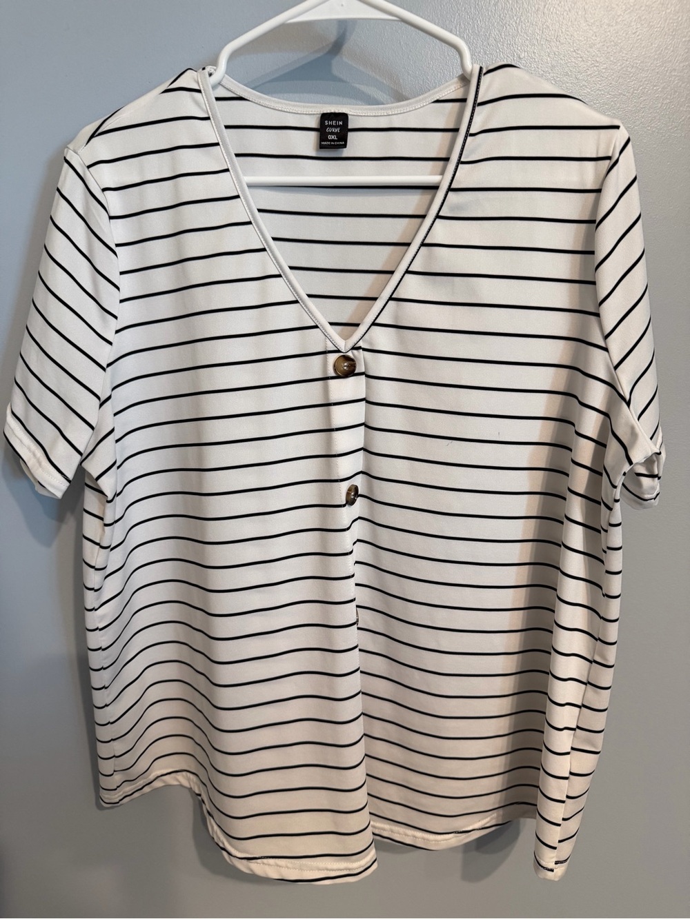 White Striped V-Neck Button Front Top